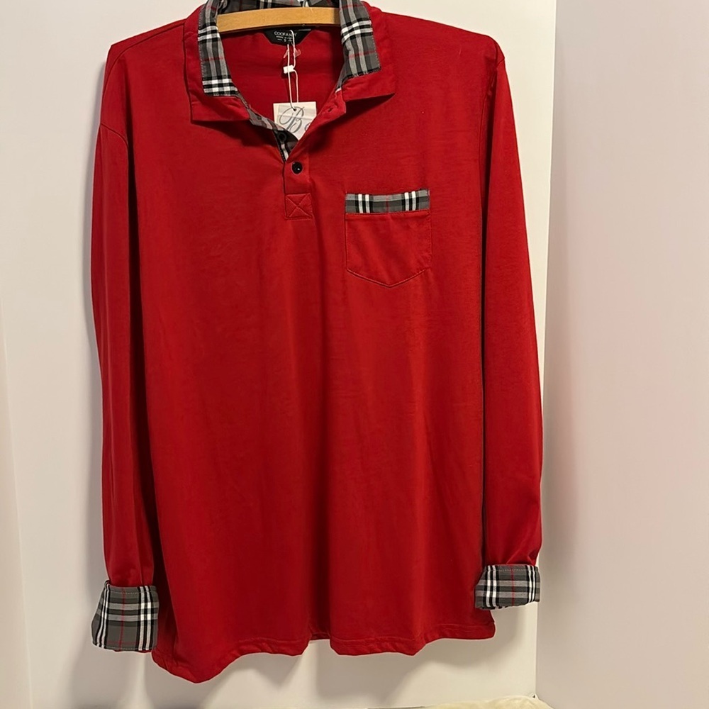 COOFANDY BRAND RED POLO SHIRT 3 BUTTONS DOWN CENTER GREY RED WHITE PLAID ACCENTS - Picture 2 of 8